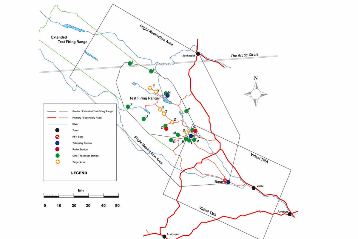 Schematic map showing the infrastructure at Vidsel Test Range
